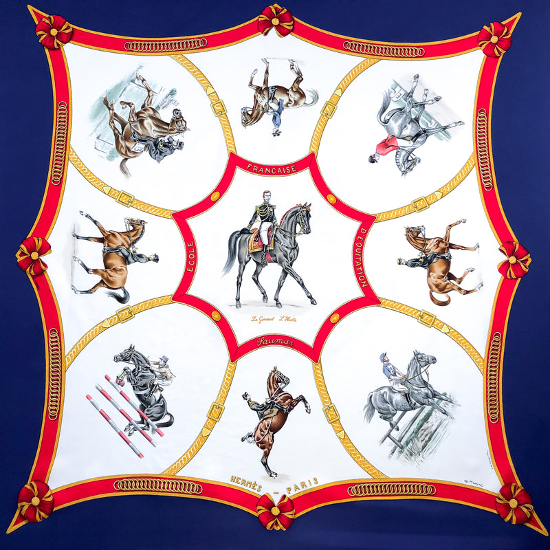 Ecole Francaise d'Equitation Hermes Scarf by Jean de Fougerolle and COLONEL G. MARGOT 90 cm Silk Twill RARE