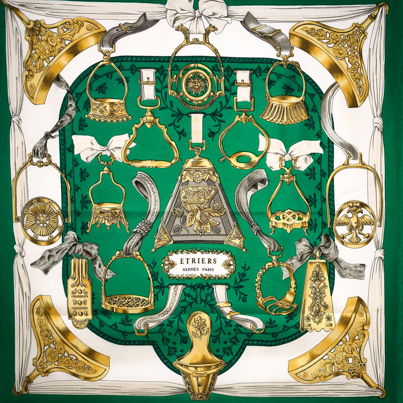 Etriers Hermes Scarf by Francoise de la Perriere 90 cm Silk Twill green