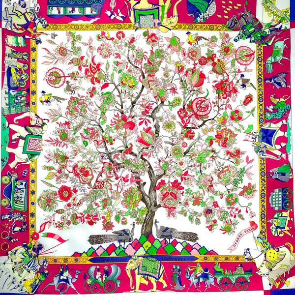 Fantaisies Indiennes Hermes Scarf by Loic Dubigeon 90cm Silk Twill White Background/Multi