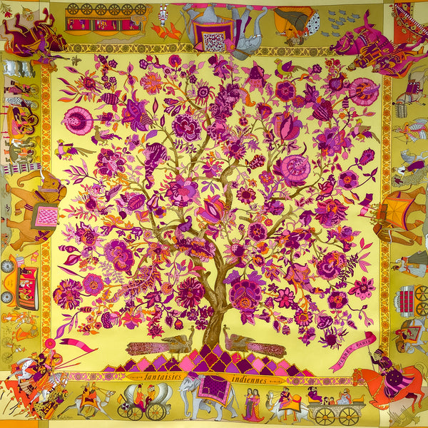 Fantaisies Indiennes Hermes Scarf by Loic Dubigeon 90cm Silk Twill Chartreuse