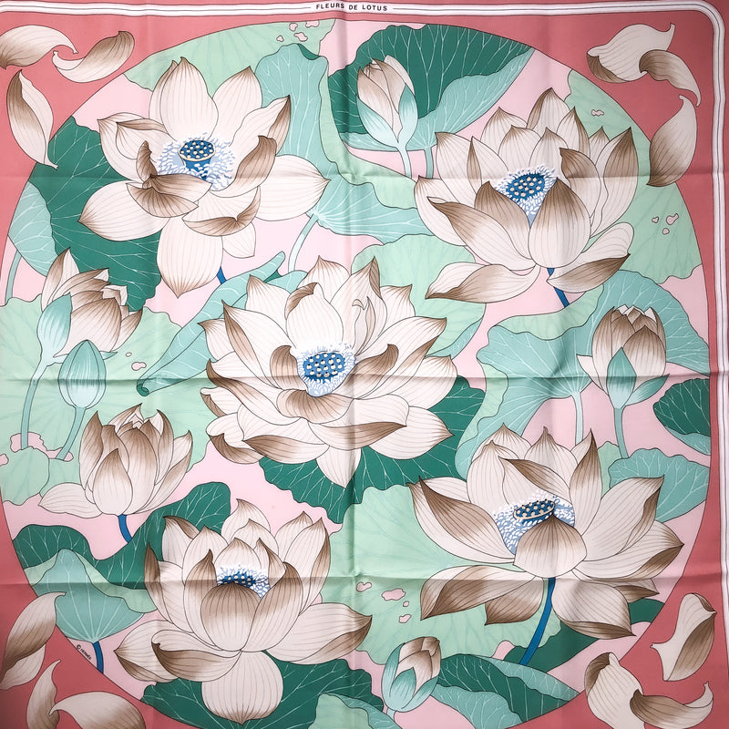 Fleurs de Lotus Hermes silk scarf in pink and teal 