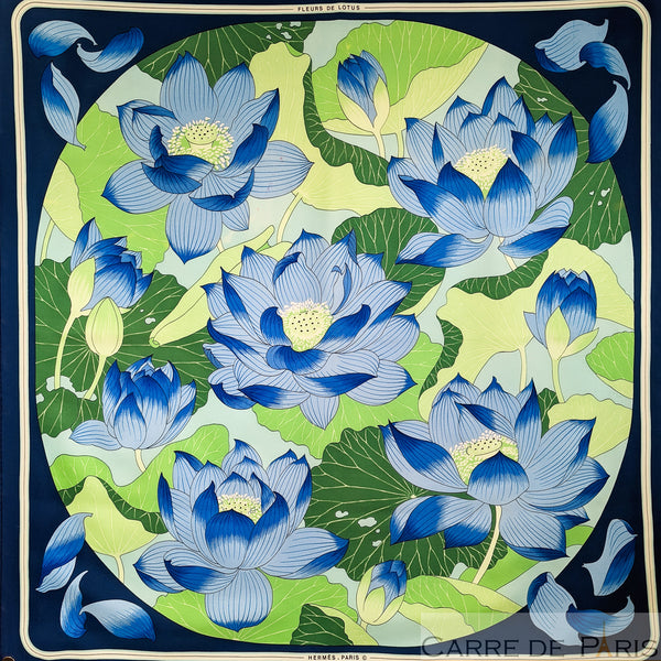 Fleurs de Lotus Hermes Scarf by Christiane Vauzelles 90 cm Silk Early Issue Blue Col.
