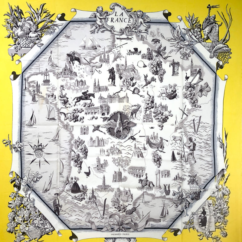 La France Hermes Scarf by Francoise de la Perriere 90 cm Silk Twill RARE yellow border