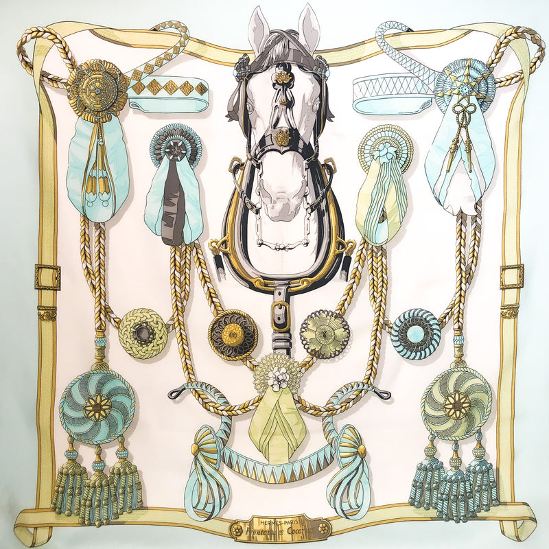 Frontaux et Cocardes Hermes Scarf by Caty Latham 90 cm Silk Twill Early Issue