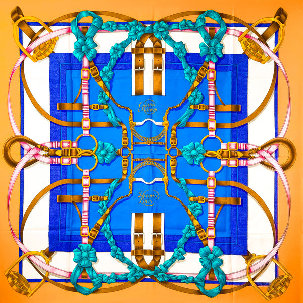 Grand Manege Hermes Scarf by Henri d'Origny 90 cm Silk Blue & Yellow CW