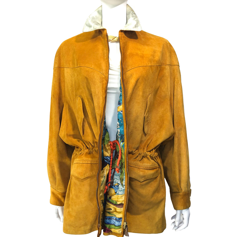 Stunning unisex Suede jacket lined with Christophe Colomb Decouvre l’Amerique silk