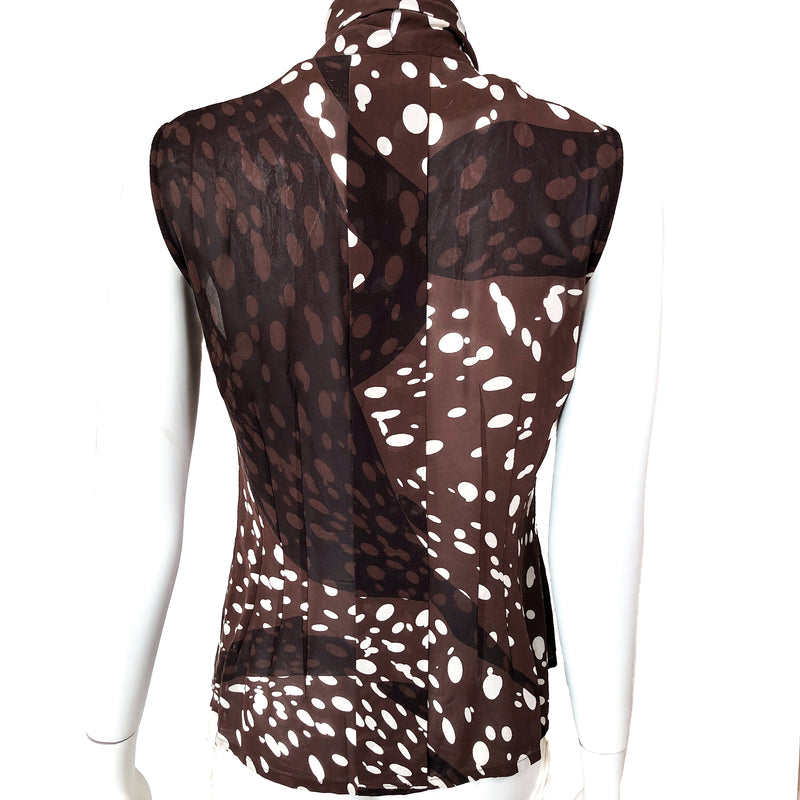 Hermes Scarf-neck Blouse Silk Crepe Georgette w/Hola Flamenca Print Sleeveless Sz 40 w/BOX