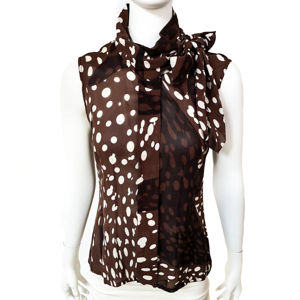 Hermes Scarf-neck Blouse Silk Crepe Georgette w/Hola Flamenca Print Sleeveless Sz 40 w/BOX