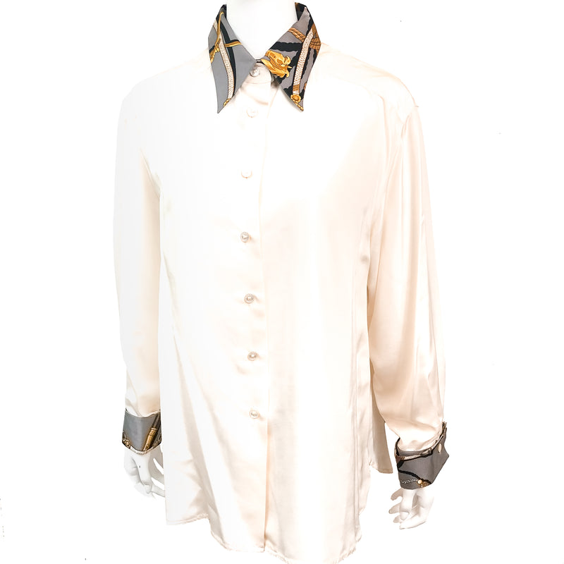Hermes Silk Blouse/Shirt with Memoire d'Hermes w/Detachable Collar, Cuffs & Cufflinks