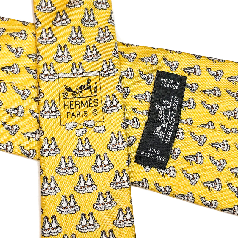 Hermes Silk Necktie 625922 SA Penguins on Yellow Background