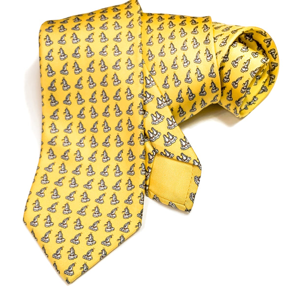 Hermes Silk Necktie 625922 SA Penguins on Yellow Background