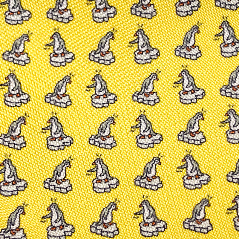 Hermes Silk Necktie 625922 SA Penguins on Yellow Background