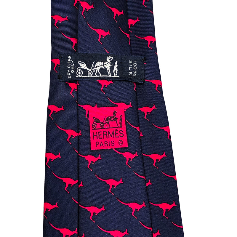 Hermes Silk Necktie 7258 MA Red Kangaroos on Navy Background