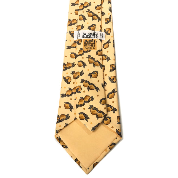 Hermes Silk Necktie 7534 IA Hazelnut on Soft Yellow Background