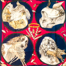 Hermes Silk Scarf Chiens au Rapport Raspberry Red and Blue