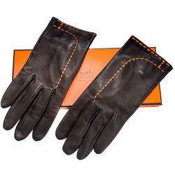 Hermes Brown and Orange "H" Leather Gloves Sz 8 w/Box