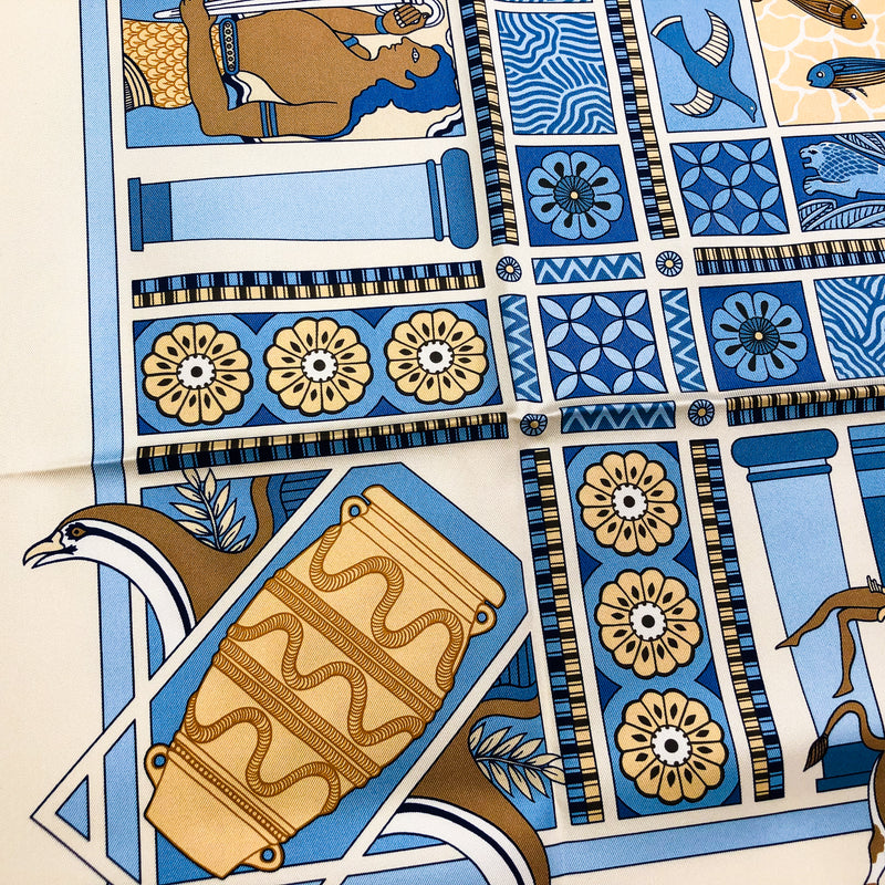 Les Secrets de Minos Hermes Silk Scarf in blue and brown tones