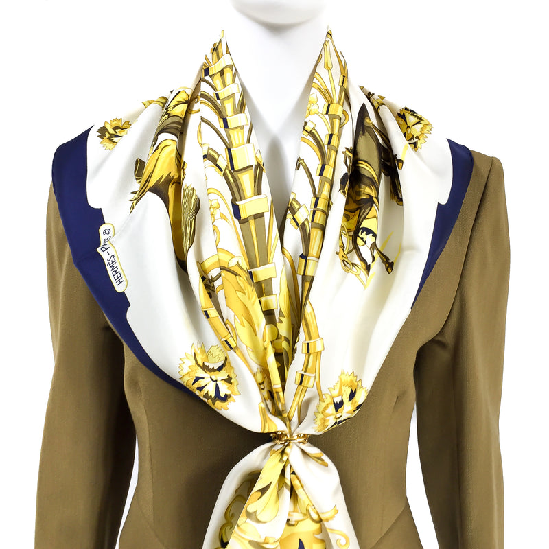 Parc Royal Hermes scarf in gold on white with blue border