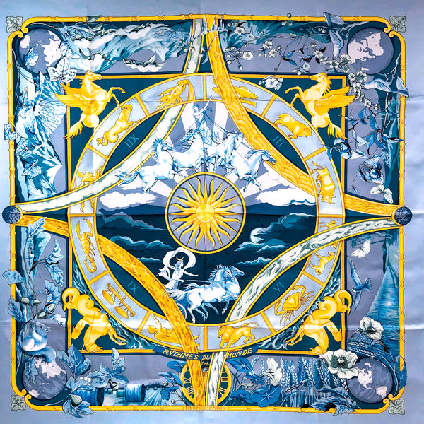 Rythmes du Mondes Hermes silk scarf in theme appropriate blue and gold