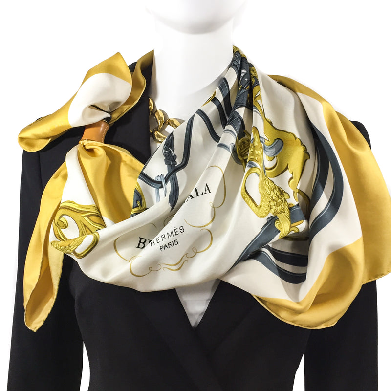 Brides de Gala Hermes Scarf in Golden yellow on white