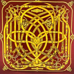 Cavalcadour Hermes Scarf in gold on bordeaux background