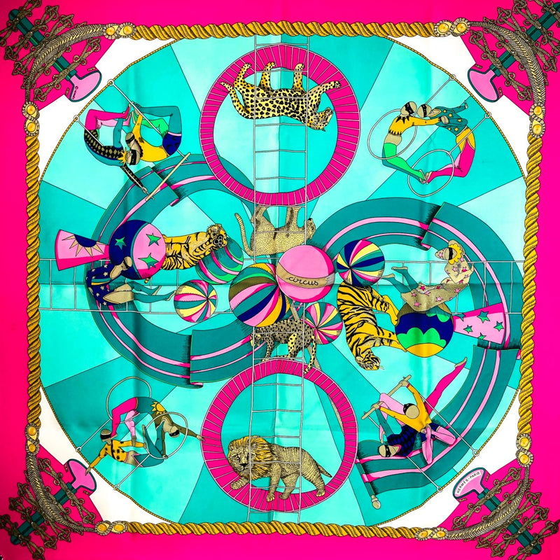 Circus Hermes Silk Scarf in Vibrant Pink and Turquoise 90 cm square