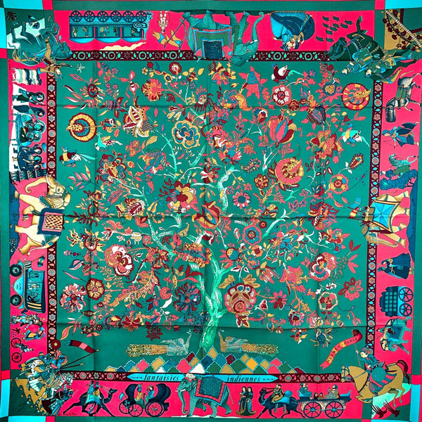 Fantaisies Indiennes Hermes Silk Scarf 90 cm in teal and pink