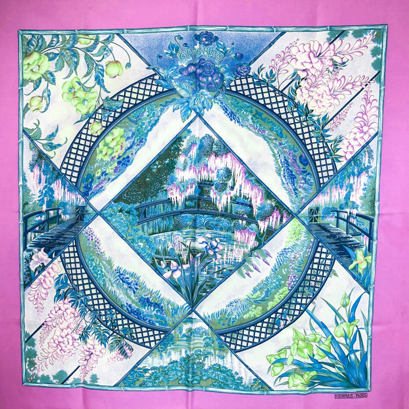 Giverny Hermes Silk Twill Scarf Pink & Blue with Box