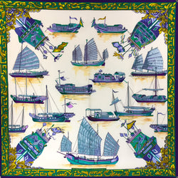 Hermes Silk Scarf Jonques et Sampans in cool blue, lilac and green