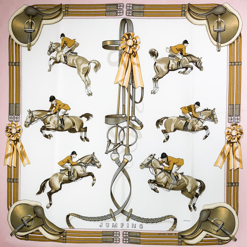 Jumping Hermes equestrian scarf in pink, beige on white