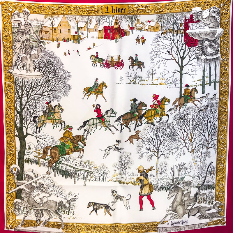 L'Hiver Hermes Silk Scarf Red Colorway Early Issue