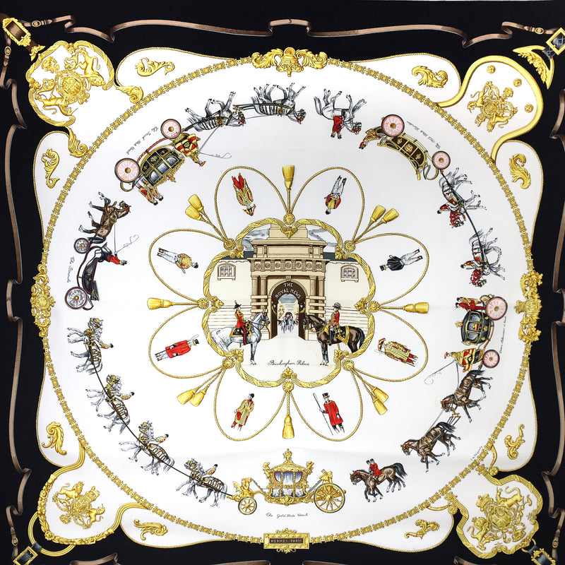 Hermes Silk Scarf The Royal Mews - Buckingham Palace Black and White Colorway