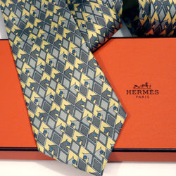 Hermes Silk Tie 7210 UA Yellow Gray Carre de Paris
