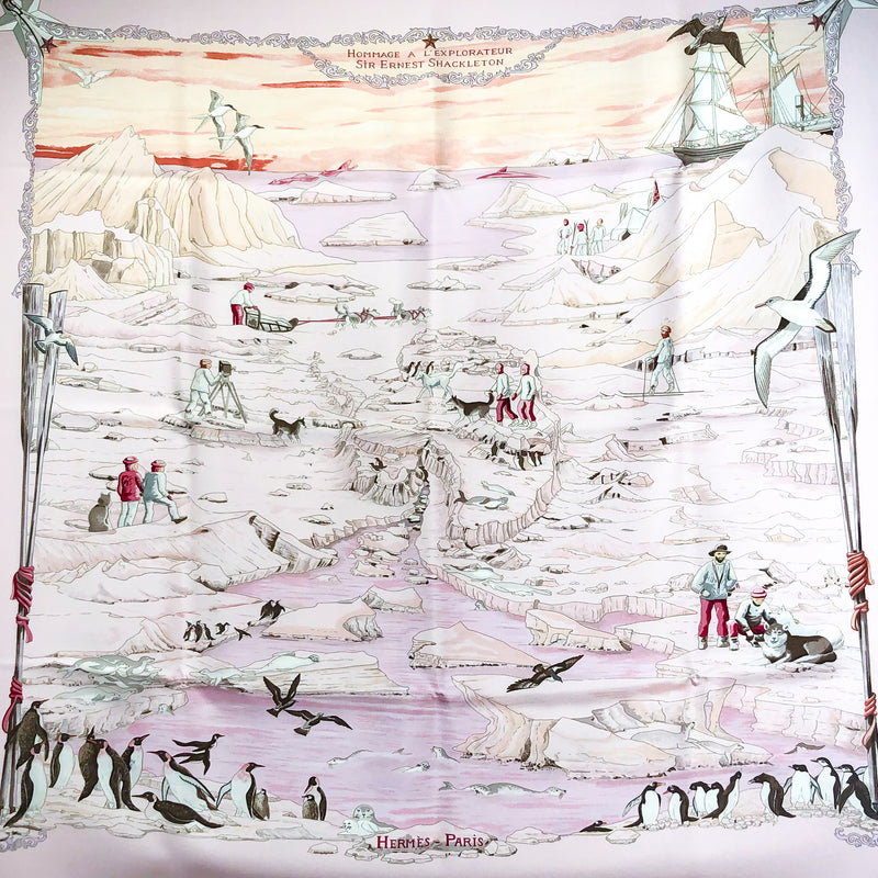 Hommage a l’Explorateur Sir Ernest Shackleton Hermes Silk Scarf - pink colorway