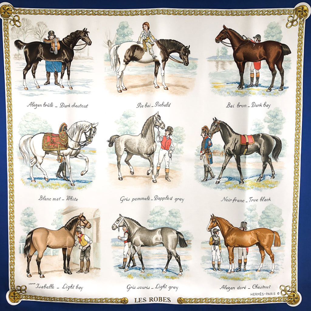Sold' HERMES Red Gold Ivory Gray Les Robes Equestrian Silk Scarf