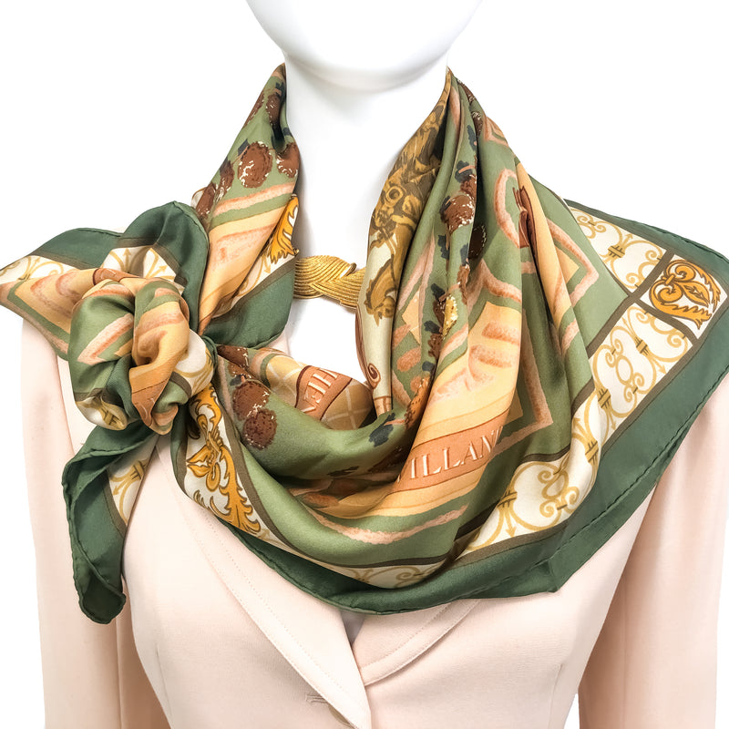 Les Jardins de Versailles silk scarf tied with a scarf ring