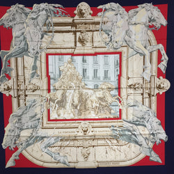 La Fontaine de Bartholdi Hermes Silk Scarf in navy, red and brown