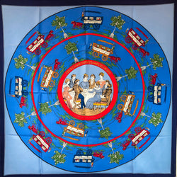 Jeu des Omnibus et Dames Blanches Hermes silk scarf in all blue colorway