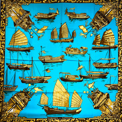 Jonques et Sampans Hermes silk scarf Turquoise/Old Gold/Brown