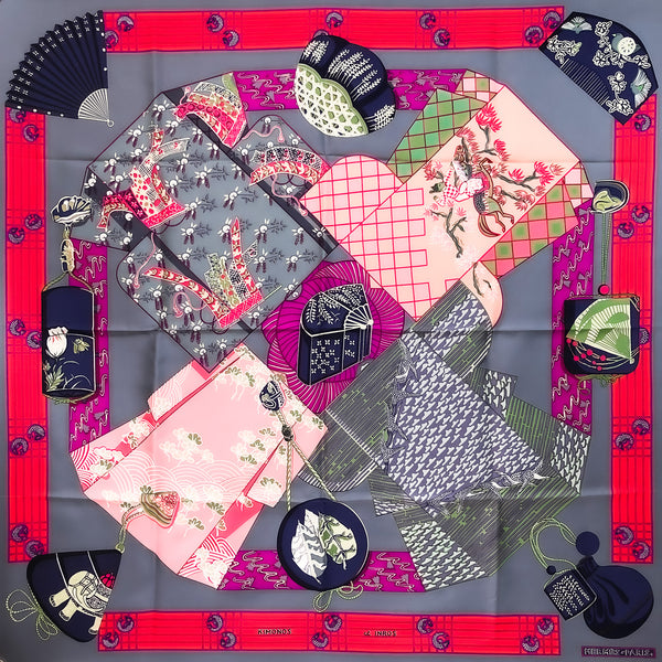 Kimonos et Inros Hermes Scarf by Annie Faivre 90 cm Silk