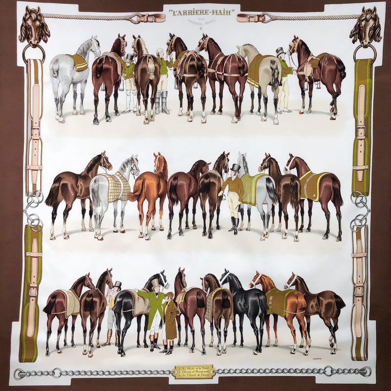 L'Arriere-Main Hermes Scarf by Philippe Ledoux 90 cm Silk Twill 1969 - RARE Brown