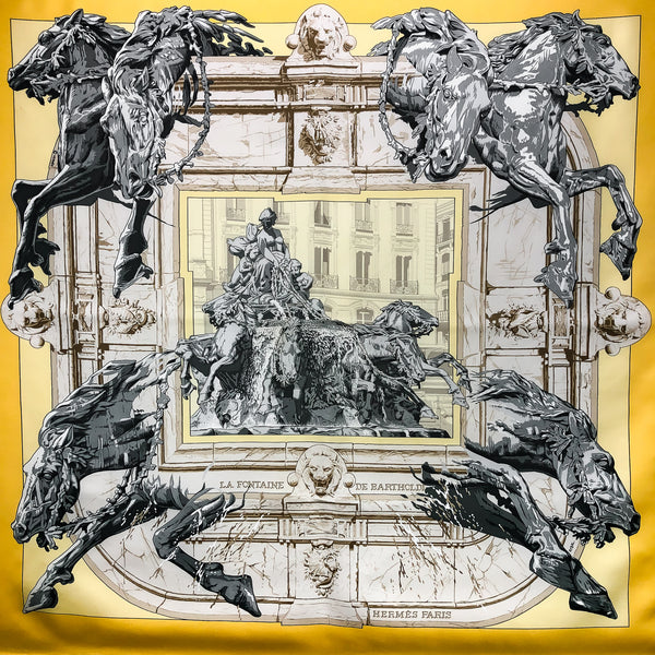 La Fontaine de Bartholdi Hermes Scarf by Rybal 90 cm Silk Twill yellow
