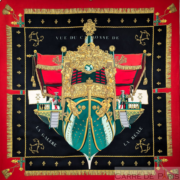 La Reale - Vue Du Carrosse de la Galère Hermes Scarf by Hugo Grygkar 90 cm Silk Twill Red & Black