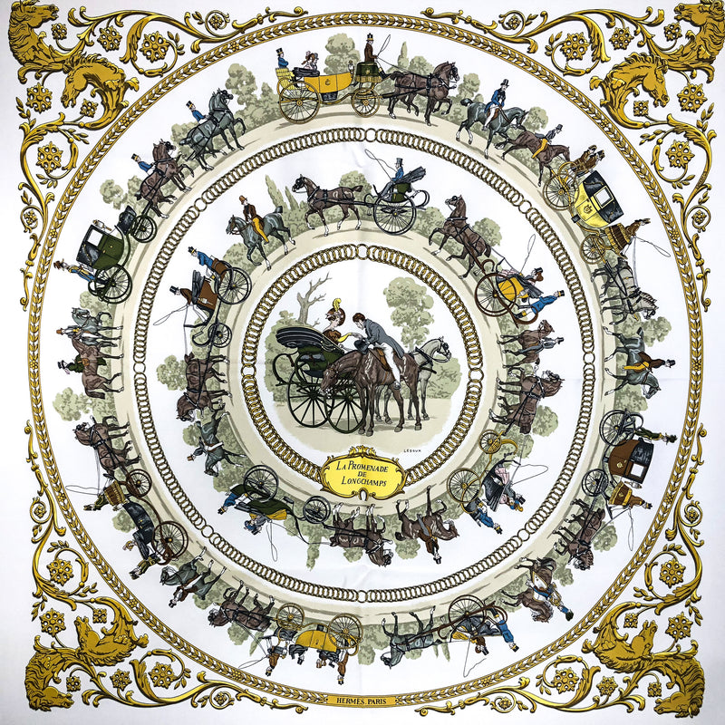 Promenade de Longchamps Hermes scarf in white and gold