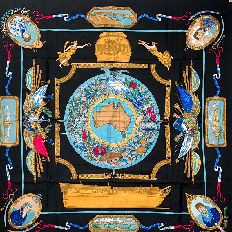 Le Geographe Hermes Silk Jacquard Scarf Early Issue Black CW