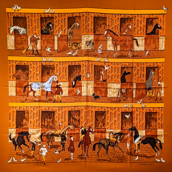 Les Boxes Hermes Scarf by Jean Louis Clerk 90 cm Silk Twill  Brown