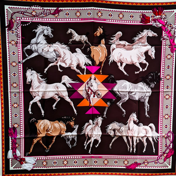 Les Chevaux Qataris Hermes Scarf by Hubert de Watrigant 90 cm Silk Twill Brown/Pink