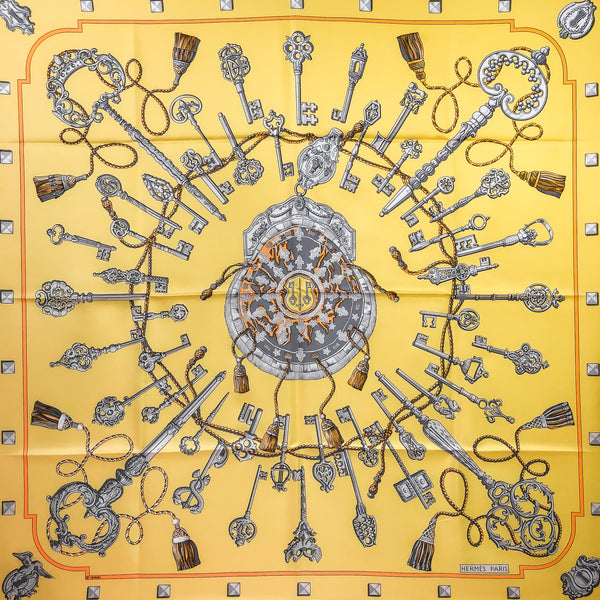 Les Cles Hermes Scarf by Caty Latham 90 cm Silk Twill Yellow