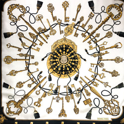 Les Cles Hermes Scarf by Caty Latham 90 cm Silk Twill Black & White Col.