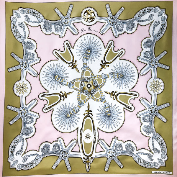 Les Eperons Hermes Scarf by Francoise de la Perriere 90 cm Silk Twill Early Issue Pink 
